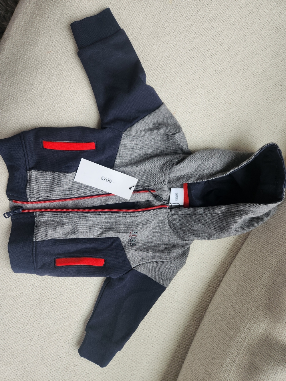 HUGO BOSS Baby Hooded Zip Jacket - Gray & Navy with Red Accents